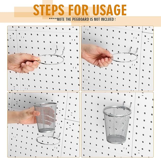 Spakon 6 Sets Pegboard Cups with Ring Hook, Peg Board Baskets Bin Holder Organizer Accessories Pegboard Pencil Cup Multipurpose Metal Pen Holder for Office Garage(Silver,2.56x4.13x3.54'',Regular)