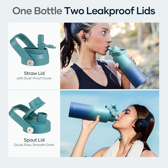 BUZIO 40 oz Insulated Water Bottle, Triple Wall Vacuum Stainless Steel Water Flask with 2 lids, Lead-Free BPA-Free Straw Lid Sports Canteen Jug, Cold 48H & Hot 24H, Gradient Cyan