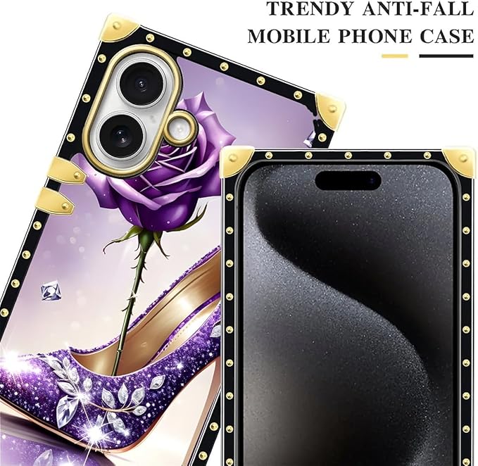 for iPhone 17 Case Luxury Golden Decoration for Girl Women Soft TPU Shockproof Protective Hard PC Back for iPhone 17 Crazy Pattern High Heeled Purple Diamond Rose