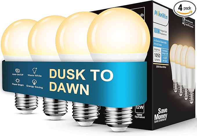 MikeWin Dusk to Dawn Light Bulbs Outdoor, 3000K Warm White, 12W(100W Equivalent) Auto ON/Off Light Sensor LED Lighting Bulb for Wall Lantern, Porch, Boundary, Garage, Patio, Front Door, 4 Pack