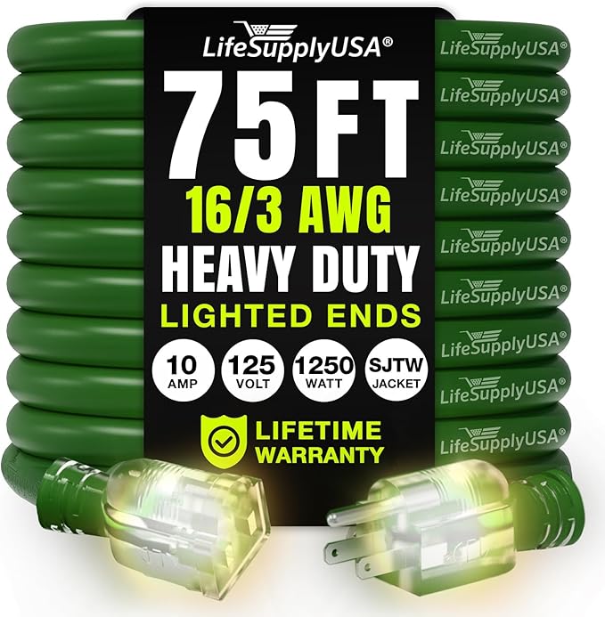 75ft Outdoor/Indoor Extension Cord 16/3 Gauge Heavy Duty 3 Prong SJTW, Waterproof, Flexible Cold-Resistant Long Power Cord,10A 125V 1250W, Green by LifeSupplyUSA