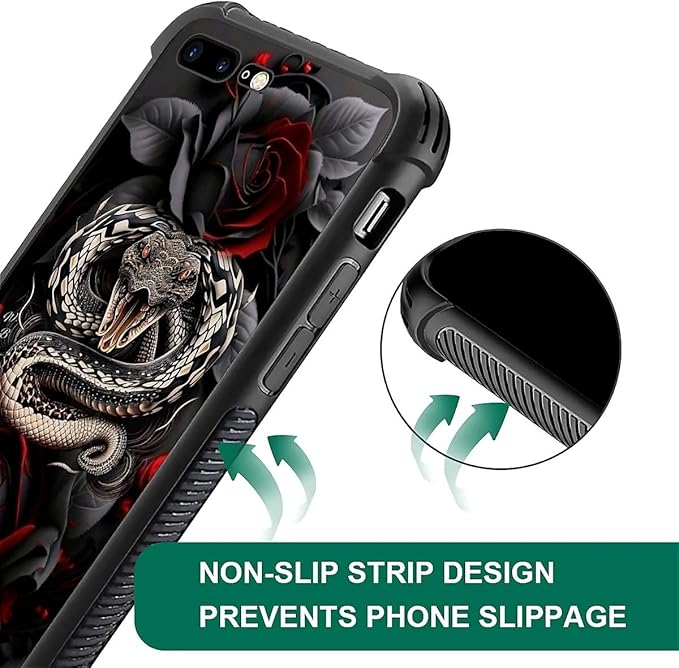 for iPhone 7/8 Case, Entwined Rose Snake Pattern Graphic Design Girl Boy Soft Silicone Hard Acrylic Shock Protection for iPhone 7/8