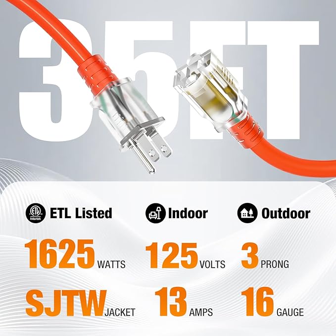 35 FT Outdoor Extension Cord Waterproof, 16/3 Gauge Heavy Duty 3 Prong Power Cord with Lighted Indicator End, 13A 125V 1625W SJTW, ETL Listed, Great for Lawn/Garden/Home(Orange)