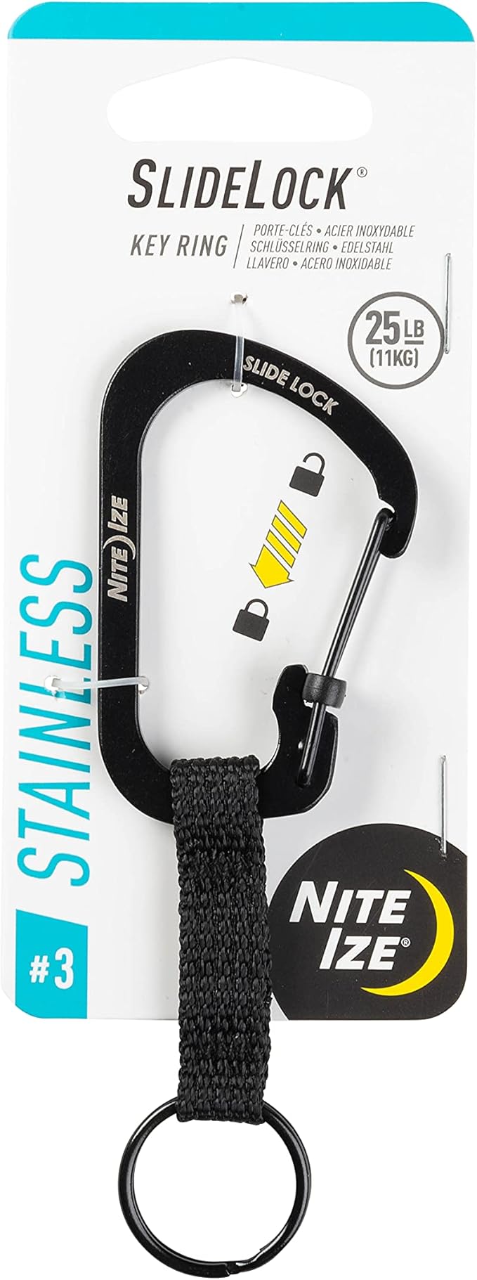Nite Ize CSLW3-01-R6 SlideLock Ring, Aluminum Locking Carabiner Key, 3-25lb Capacity, Black