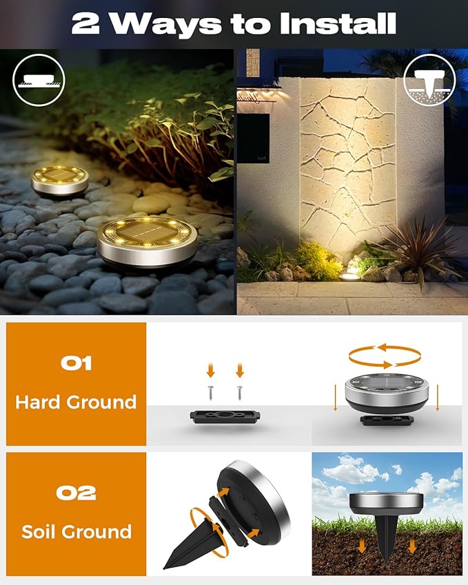 btfarm 2 Pack Solar Lights Outdoor, 8 LED Solar Ground Lights IP65 Waterproof Flat Solar Disc Light, Pathway Lights for Garden Lawn Patio Yard Path Landscape, Warm White