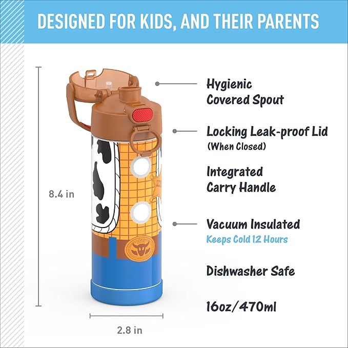 THERMOS FUNTAINER 16 Ounce Stainless Steel Vacuum Insulated Bottle with Wide Spout Lid, Toy Story Woody