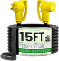 POWGRN 30 Amp RV Extension Cord 15 FT Outdoor with Grip Handle, Flexible Heavy Duty 10/3 Gauge STW 3 Prong RV Power Cord with Cable Organizer, NEMA TT-30P to TT-30R, Black-Yellow, ETL Listed