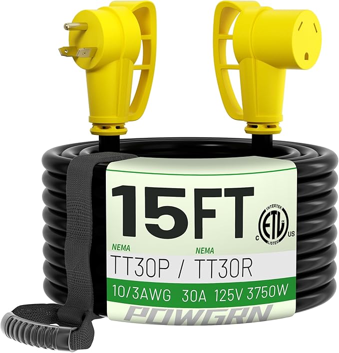 POWGRN 30 Amp RV Extension Cord 15 FT Outdoor with Grip Handle, Flexible Heavy Duty 10/3 Gauge STW 3 Prong RV Power Cord with Cable Organizer, NEMA TT-30P to TT-30R, Black-Yellow, ETL Listed