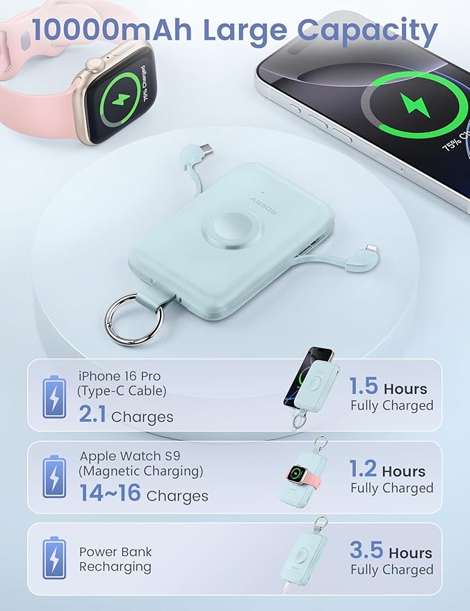 RORRY Portable Charger, 10000mAh PD 20W Fast Charging Portable Charger Power Bank with Built in Cables, Travel Battery Pack for iPhone and Apple Watch Ultra/11/10/9/8/7/6/5, Sky Blue