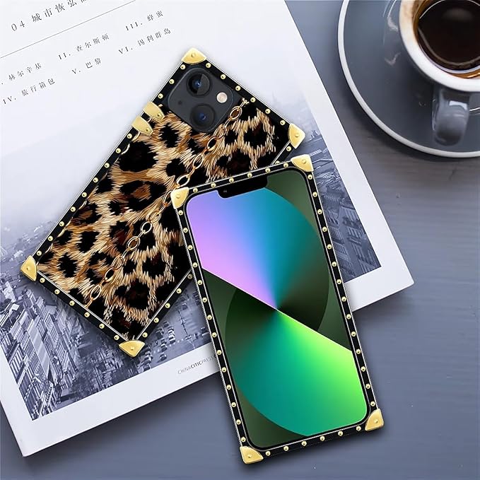 Compatible with iPhone 13 Case, Seamless Gold Chain Leopard Luxury Golden Decoration for Girl Women Soft TPU Shockproof Protective Hard PC Back for iPhone 13