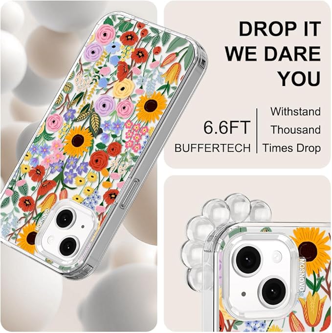 MOSNOVO for iPhone 13/14 Case | Military Grade 6.6ft Drop Tested | Clear with Blossom & Bloom Design
