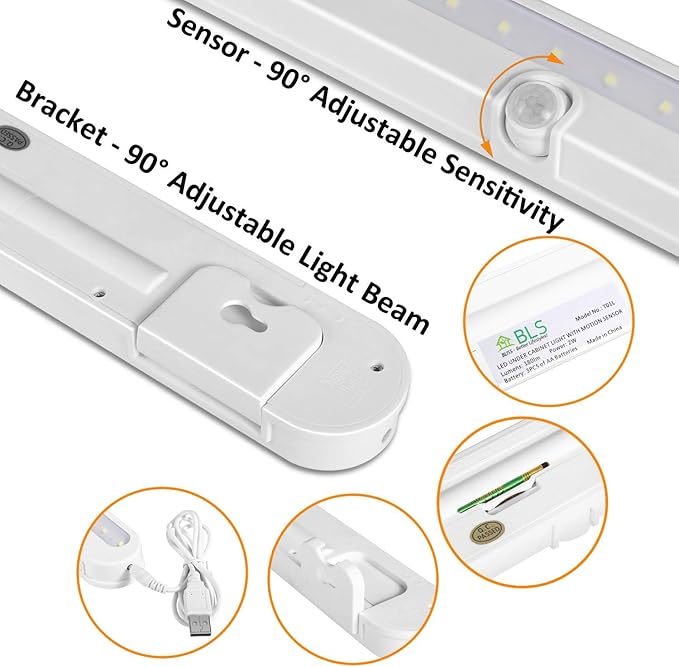 T01L LED Closet Light - BLS Super Bright 20 LED Under Cabinet Lighting Battery Powered/DC Input Wireless Motion Sensing Light, Auto On Off Switch, Motion Sensor & Light Sensor, 2 Pack