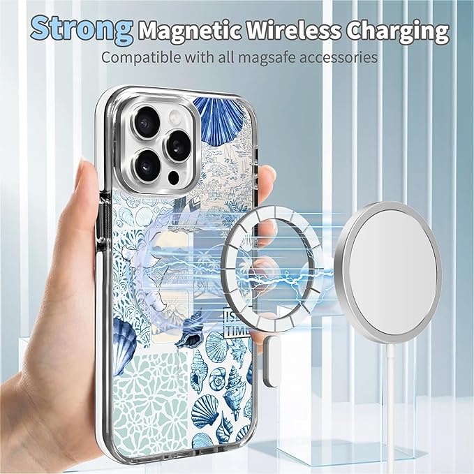 Case for iPhone 14 Pro,[Compatible with MagSafe],Sea Life Ocean Waves Seashell Collage Phone Case Design，for Women Girls Magnetic Clear Cover - Slim, Sleek, & Shockproof Protection