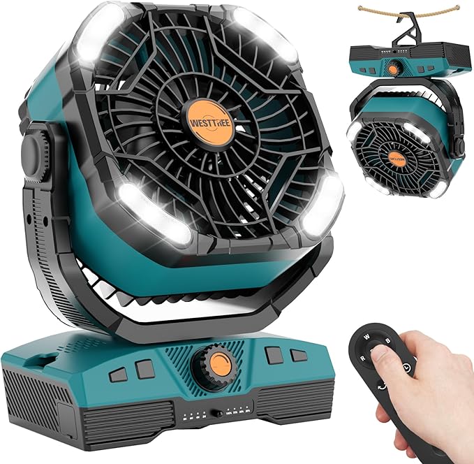 WESTTREE Camping Fan Portable 20000mAh Oscillating Battery Powered Fan Rechargeable Camping essentials Tent Light Hook 270° Pivot Battery Operated USB Desk X68 Cyan