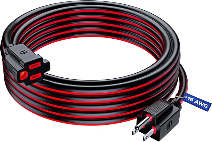 Maximm 25 Ft Black and Red Extension Cord, Heavy Duty 3-Prong Outdoor Power Cable, ETL Listed for Contractors
