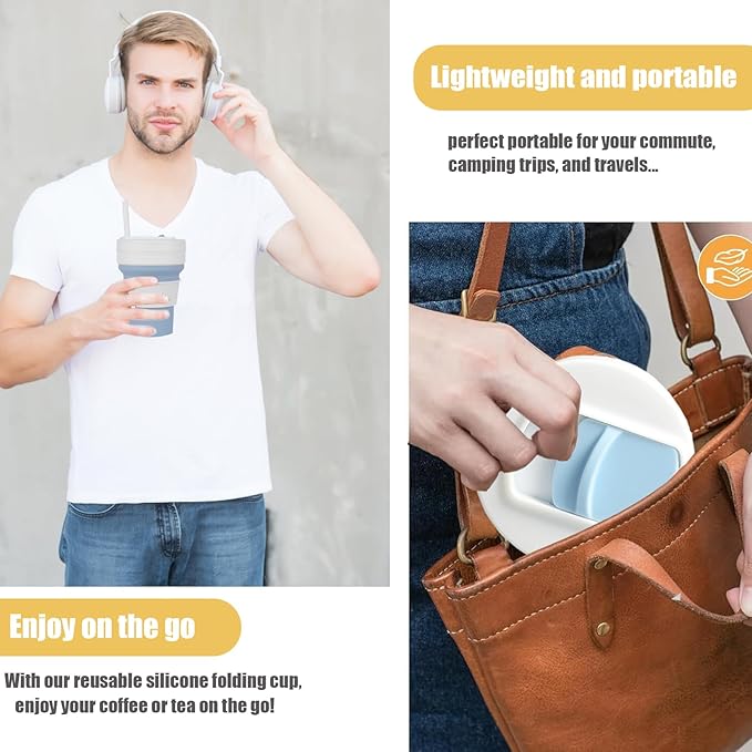 Silicone Foldable Drinking Cup for Camping Hiking,Portable Silicone Water Bottle for Hot and Cold Beverages with Straw- Blue & White