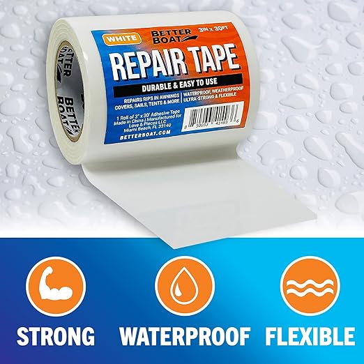 Better Boat Repair Tape for Fabric and Vinyl 30ft x 3in, White Waterproof Patch Tape for RV Awning Canvas Tent Tarp Sail Canopy Boat Cover, Heavy Duty
