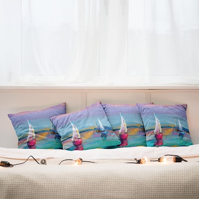 Ambesonne Abstract Oil Painting Decorative Throw Pillow Case Pack of 4, Modern Art with Boat Sail on The Sea Illustration of Nautical Motifs, Cushion Cover for Couch Living Room Car, 16", Purple Teal