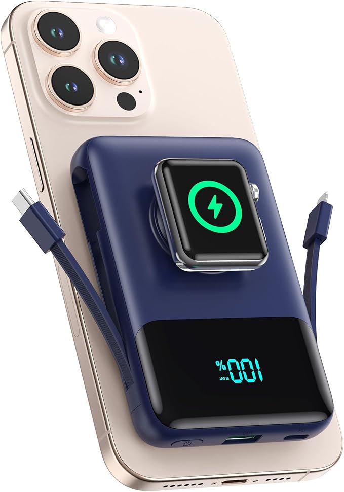 Magnetic Portable Charger for iPhone with Built-in Cable,10800mAh Wireless Power Bank for Magsafe Travel Essential,6-in-1 25W PD Fast Charging USB C Battery Pack for iPhone 17/16/15/14/13, Apple Watch