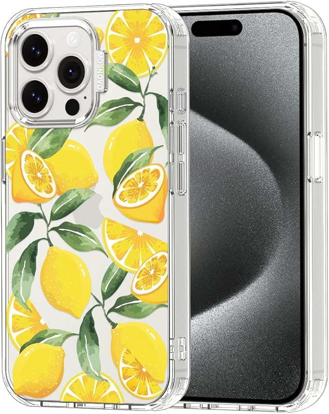MOSNOVO Case for iPhone 15 Pro Max, [Buffertech 6.6ft Military-Grade Drop Protection] [Anti Peel Off Tech] Clear TPU Bumper Phone Case Cover Design - Lemon