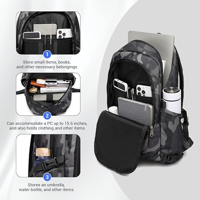 Kono Travel Laptop Backpack with USB Charging Port, Business Anti Theft Slim Sturdy Personal Item Bag, Water Resistant College Computer Daypack for Men & Women Fits 15.6 Inch Notebook, Camo