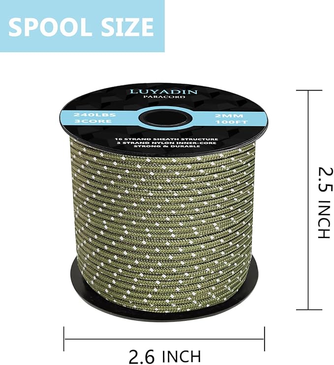 Reflective Paracord 240lb - Diameter 2mm Micro Utility Cord -3 Strand Parachute Spool Cord - 100ft 200ft,Paracord for Camping,Hiking,Fishing,Outdoor and DIY