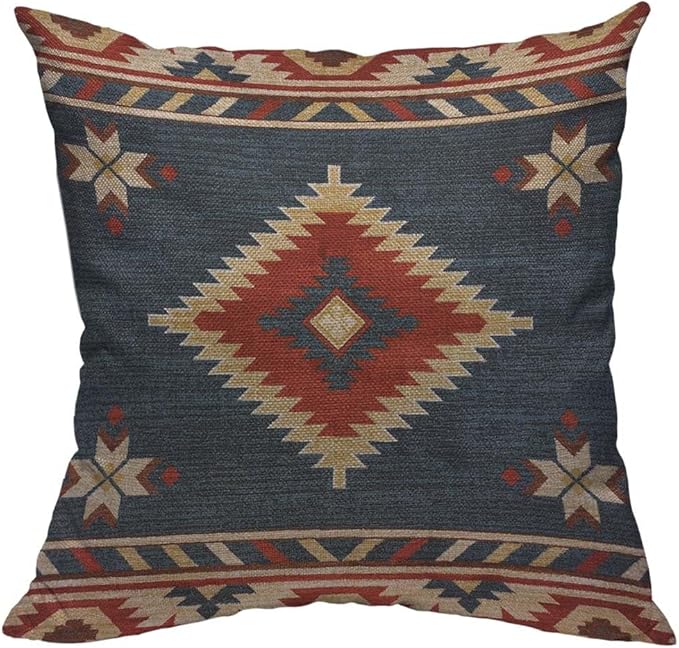 TKS MITLAN Southwest Diamond Blue Red Pillow Covers 18 x 18 Inch Indian Style on Blue Background Decorative Throw Pillow Covers Linen Cushion Case for Sofa Couch