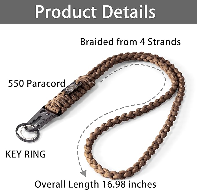 Heavy Duty Braided Paracord Lanyard for ID Badges,EDC Tether for Phone,Tactical 550 Paracord Keychain with USA Flag