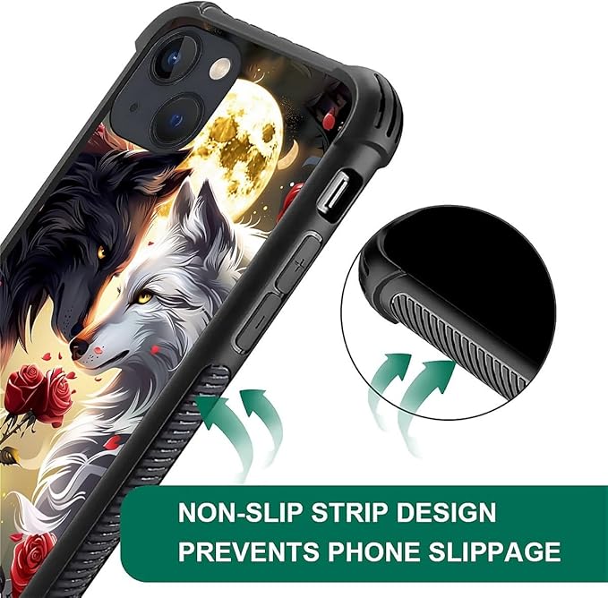 for iPhone 13 Mini Case, Black White Wolf Moon Flower Rose Pattern Made of Soft Silicone Hard Acrylic Shock Protection for iPhone 13 Mini