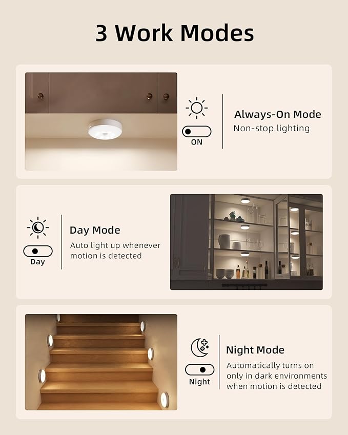 EZVALO Under Cabinet Lighting, 1000mAh Rechargeable Puck Lights with Remote, 3 Color Temps & 12 RGB Motion Sensor Closet Lights, Dimmable Under Cabinet Lights for Kitchen, Cabinets, Closet (3 Packs)
