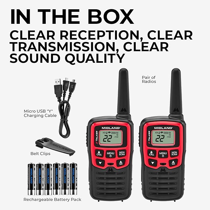 Midland® - T31VP - X Talker - 22 Channel FRS Walkie Talkies - Extended Range Two-Way Radios, 38 Privacy Codes, & NOAA Weather Alert - Set of 2 - Black/Red