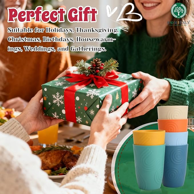 Homienly Wheat Straw Cups Set Unbreakable Drinking Glasses & Reusable Plastic Cups Alternative Microwave Dishwasher Safe Tumblers 16 oz Cups for Kitchen, Kids, Water, Coffee, Juice, Set of 6 (Multi)