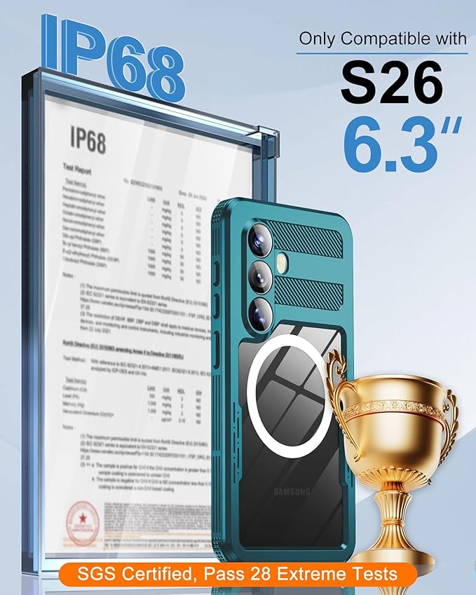 for Samsung Galaxy S26 Waterproof Case, [Fit for Magsafe] [IP68 Water Proof] [Built-in Screen Protector], Magnetic Heavy Duty Military Grade Rugged Phone Case for S 26 6.3", Teal