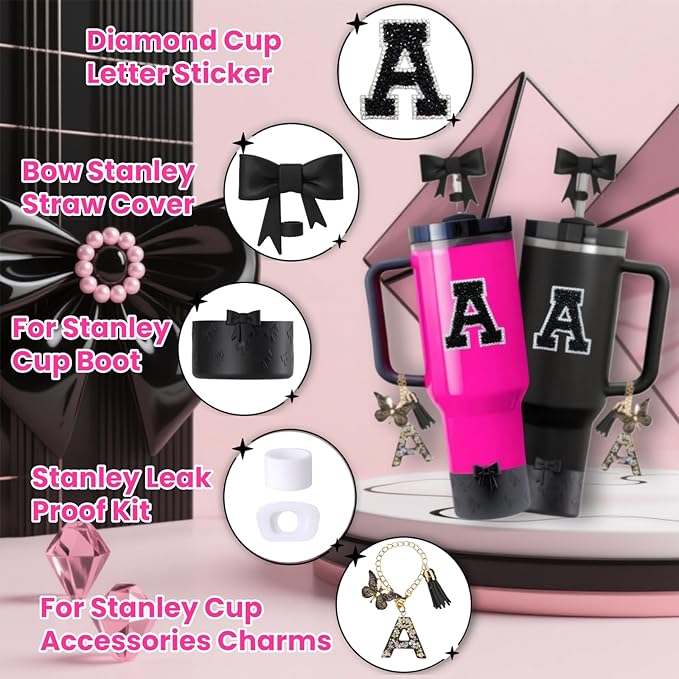 MOTEERLLU 6pcs Black Stanley Cup Accessories Set, Bow Straw Topper for Stanley Cup 30oz 40oz, Including Straw Topper and Bow Silicone Boot, Stoppers Spill Proof, Handle Charm, Initials Sticker