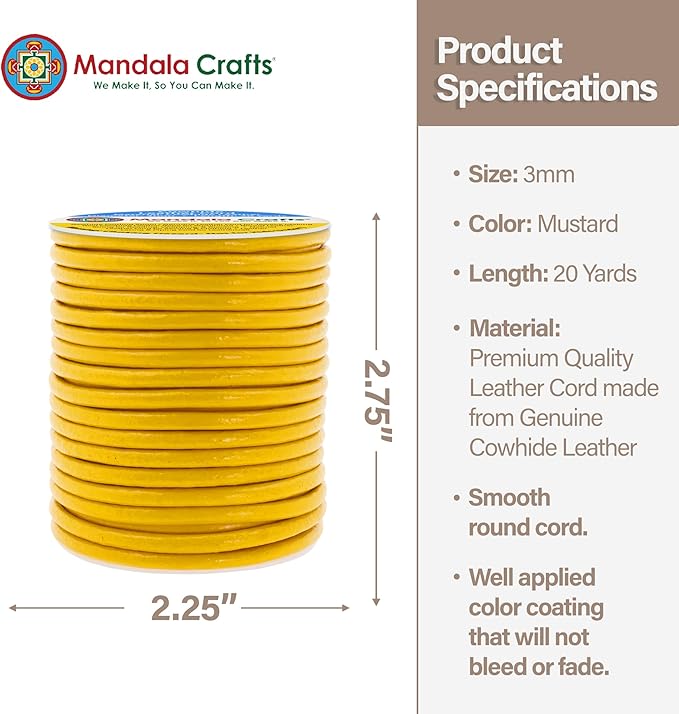 Mandala Crafts Round Genuine Mustard Yellow Leather Cord for Jewelry Making – 3mm Cowhide Leather Rope String Lace for Kumihimo – 20 Yards Cowhide Craft Cording Spool