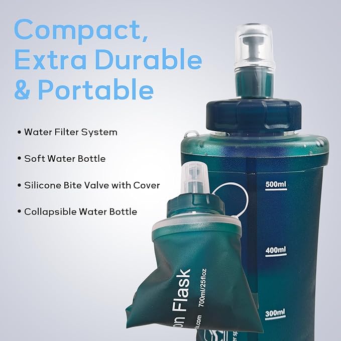 1L Soft Flask Water Bottle, Foldable Water Bottle with Filter, Perfect for Hiking, Backpacking, and Camping - Dark Green