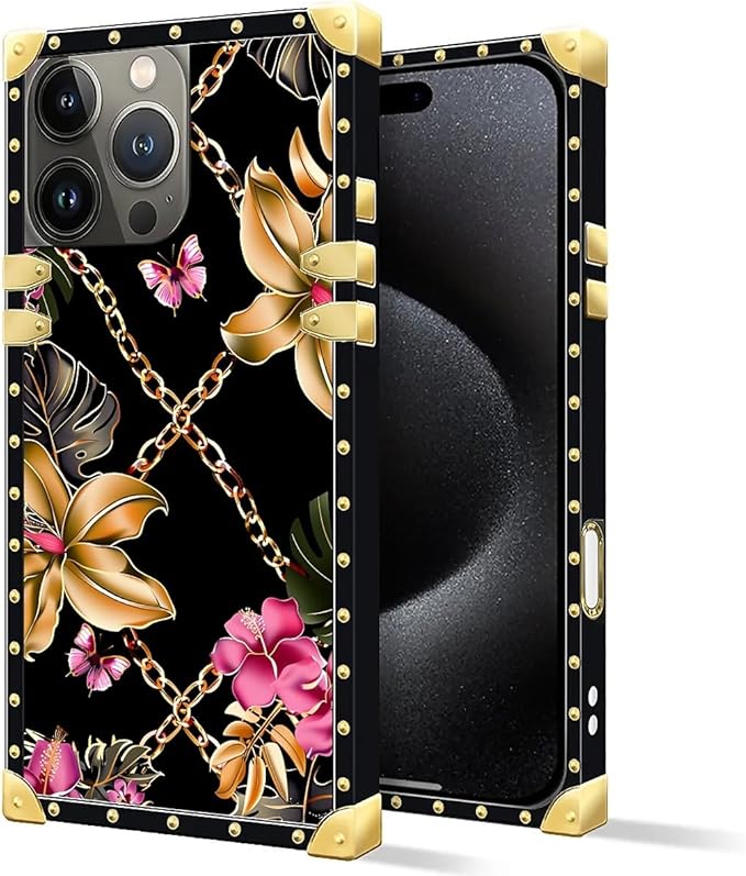 Compatible with iPhone 16 Pro Case, Pink Golden Chain Tropical Flower Luxury Golden Decoration for Girl Women Soft TPU Shockproof Protective Hard PC Back