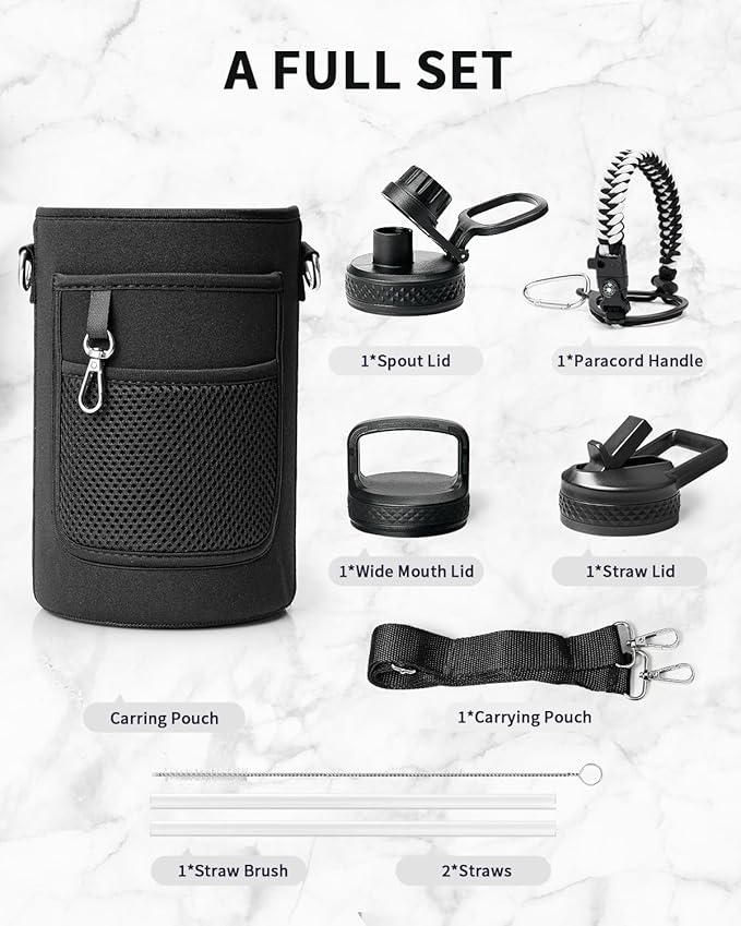 Trebo Water Bottle 64oz with Paracord Handle, Half Gallon Large Vacuum Triple Wall Stainless Steel Insulated Water Jug with Holder Strap Straw Spout Lids, Leakproof Keep Cold & Hot,Black and white
