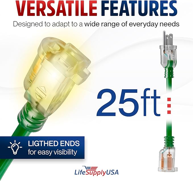 25ft Outdoor/Indoor Extension Cord 12/3 Gauge Extra Heavy Duty 3 Prong SJTW, Waterproof, Flexible Cold-Resistant Long Power Cord,15A 125V 1875W, Green by LifeSupplyUSA