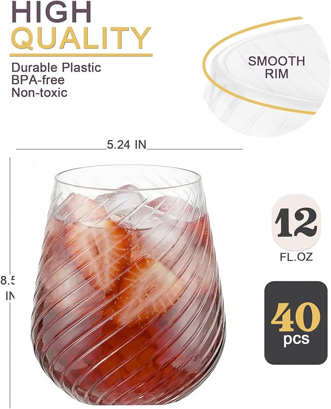 Maaacute 40 Pack Plastic Stemless Wine cocktail Whiskey Champagne Glasses, 12 Oz Disposable Unbreakable Cups for Party Bars Wedding Tasting (Spiral)
