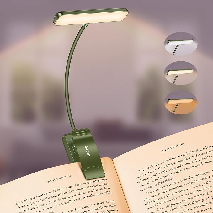Gritin 19 LED Rechargeable Book Light for Reading in Bed with Memory Function- Eye Caring 3 Color Temperatures,Stepless Dimming Brightness,90 Hrs Runtime Clip on Light for Book Lovers-Dark Green