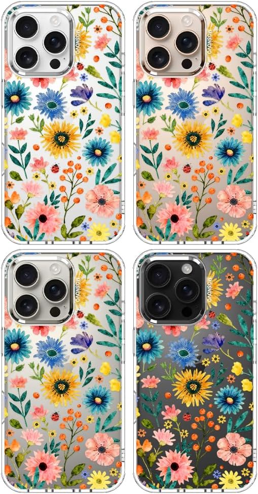 MOSNOVO for iPhone 16 Pro Case, Shockproof Military-Grade Protection 6.6ft Drop Tested, Clear Phone Case for iPhone 16 Pro, Wildflower Bloom Design