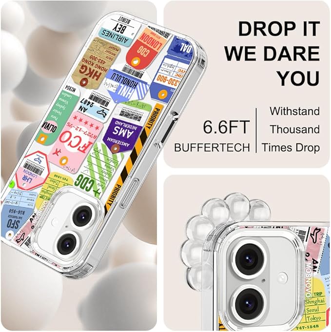 MOSNOVO Case for iPhone 16 Plus, [Buffertech 6.6ft Military-Grade Drop Protection] [Anti Peel Off Tech] Clear TPU Bumper Phone Case Cover Design - Air Ticket Labels