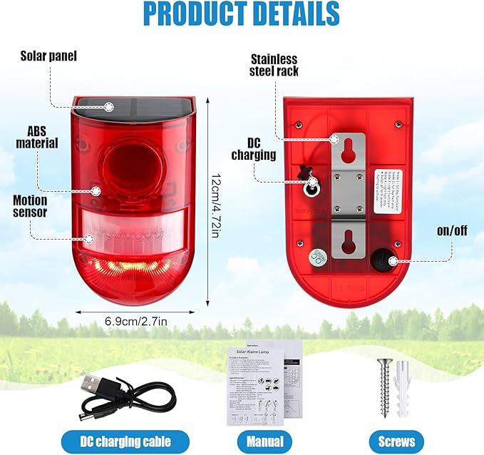 Qualirey Solar Sound and Light Alarm Motion Sensor 129db Outdoor Security Siren Waterproof Activated Detector Driveway Alarm 6 LEDs Flash Warning Deterrent Strobe System for Home, Farm(Red,6 Pack)