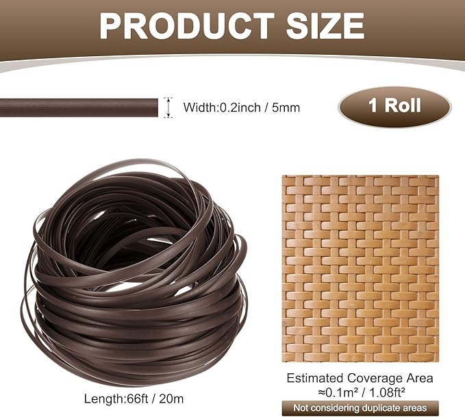 M METERXITY 1-Pack Wicker Repair Kit, 5mm x 66ft/20m Plastic Flat Rattan Replacement Supplies for Patio Furniture Repair/Basket Making/Chair Weaving, Synthetic Woven Rattan [Brown]