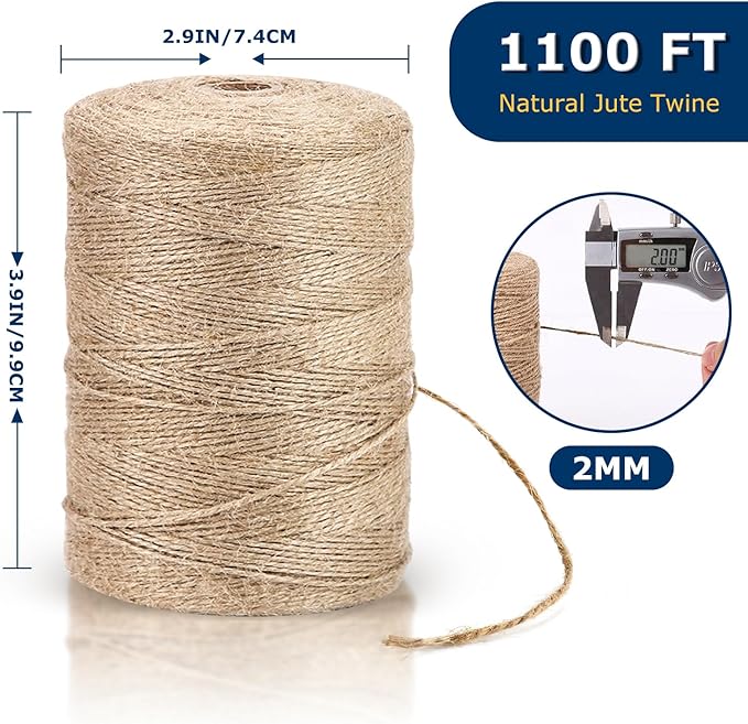 Vanhench Jute Twine Rope 1/13" (2mm) x 1100FT, Natural Jute String Cord for Crafts Gardening Garden Plant Gift Wrapping Rope Arts & Crafts Packing Material Christmas Twine Bulk Halloween Decorations