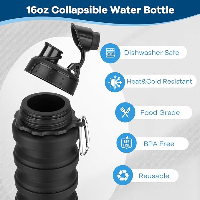 Collapsible Water Bottles 17oz, Reusable BPA Free Silicone Foldable Water Bottle With Carabiner, Lightweight Leakproof Travel Water Bottle for Gym, Traveling, Camping, Hiking, Sports-Blue