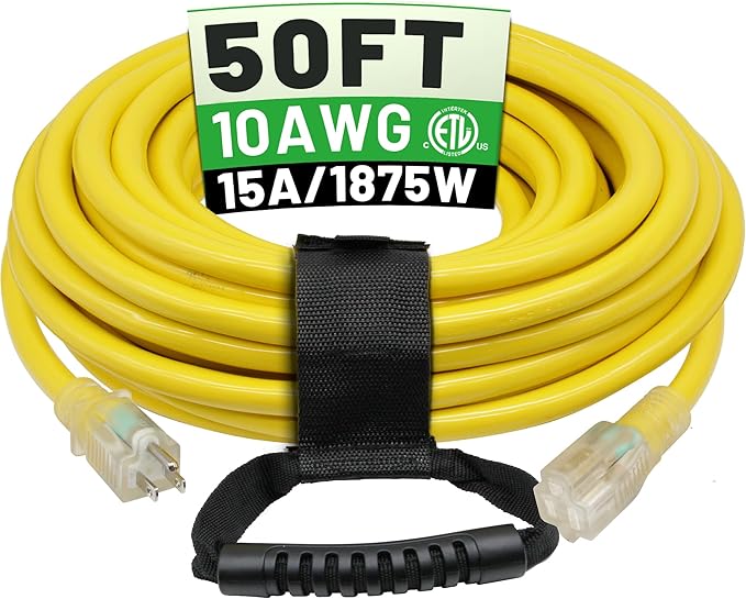 POWGRN 50 Ft 10AWG Outdoor Extension Cord Waterproof Heavy Duty 10 Gauge 3 Prong, Flexible Cold-Resistant Long Power Cord Outside with Lighted Indicator End, 15Amp 1875W SJTW Yellow ETL Listed
