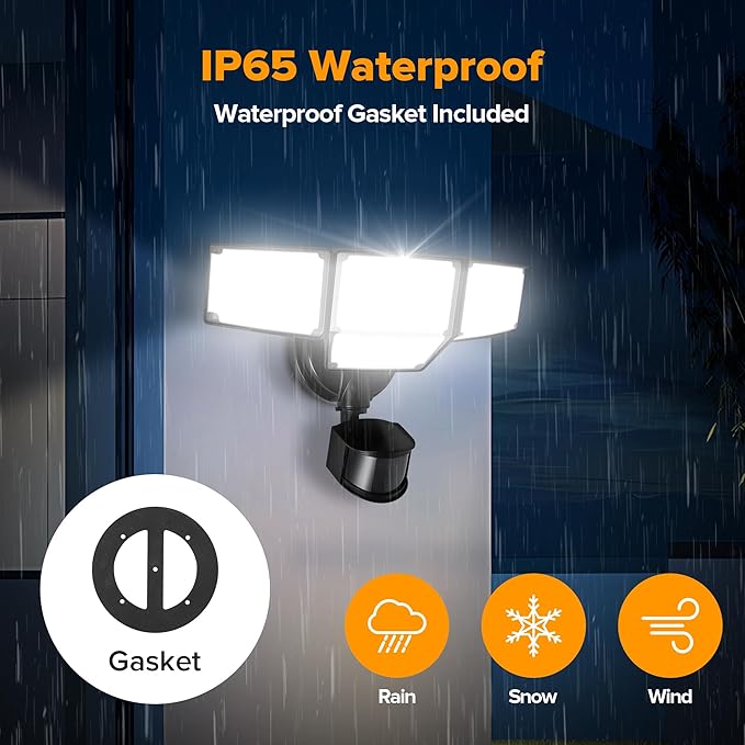 LUTEC 80W 9000LM LED Security Light Hardwire Motion Sensor Outdoor Lights, 4 Head LED Flood Lights Outdoor 5000K Daylight, IP65 Waterproof, Motion Detected Lights for Outside, Garage, Yard (Black)