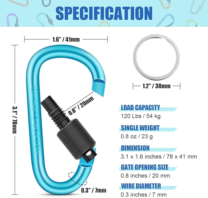 Cridoz Locking Carabiner D Ring Clips with Flat Key Ring
